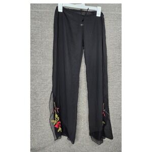 Festival Fashion Black Sheer Wide Leg Pants Rose Floral Embroidery Mesh Hem S